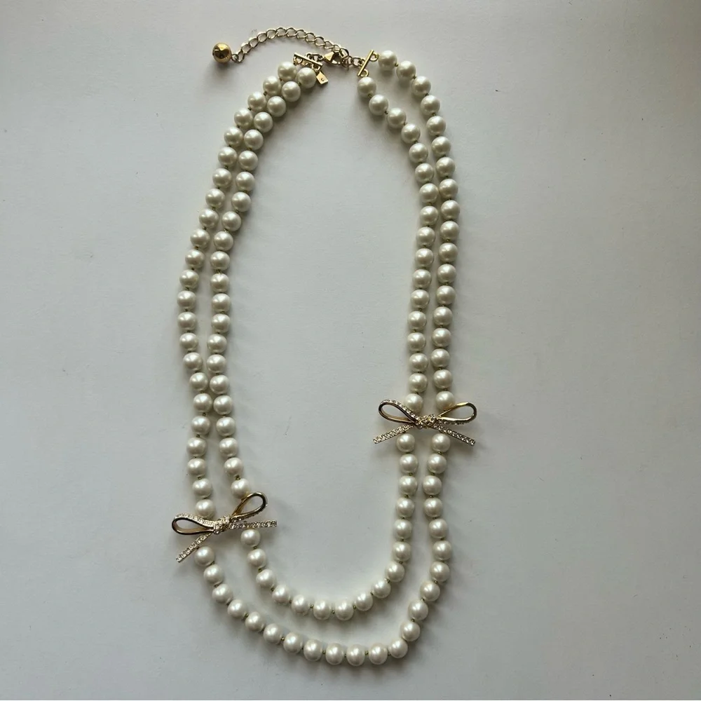 Kate Spade Double Strand Pearl Necklace with Gold Diamond Bows - Picture 2 of 8